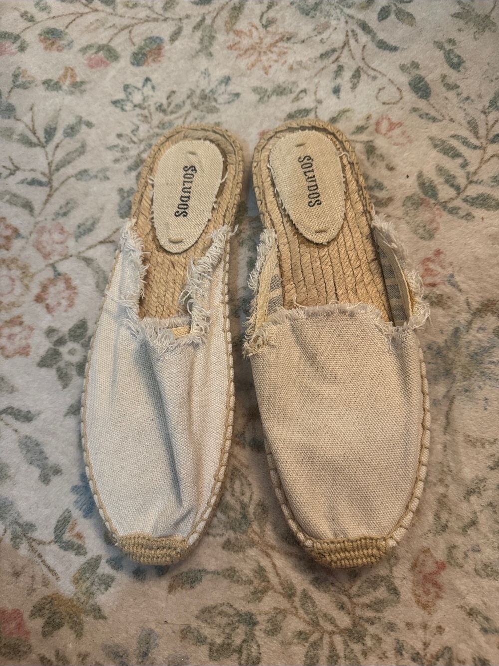 Soludos Beige Canvas Frayed Espadrille Slip-On Mules